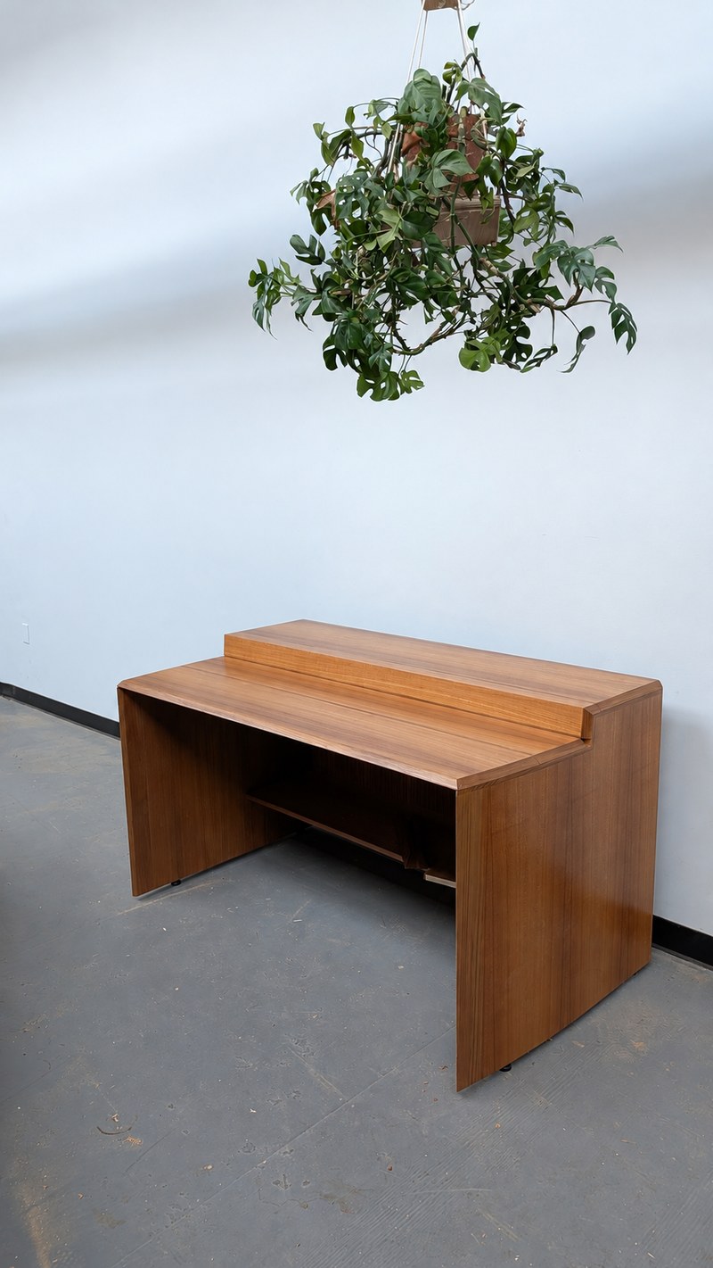 Wooden keyboard stand shown closed beneath a hanging plant.